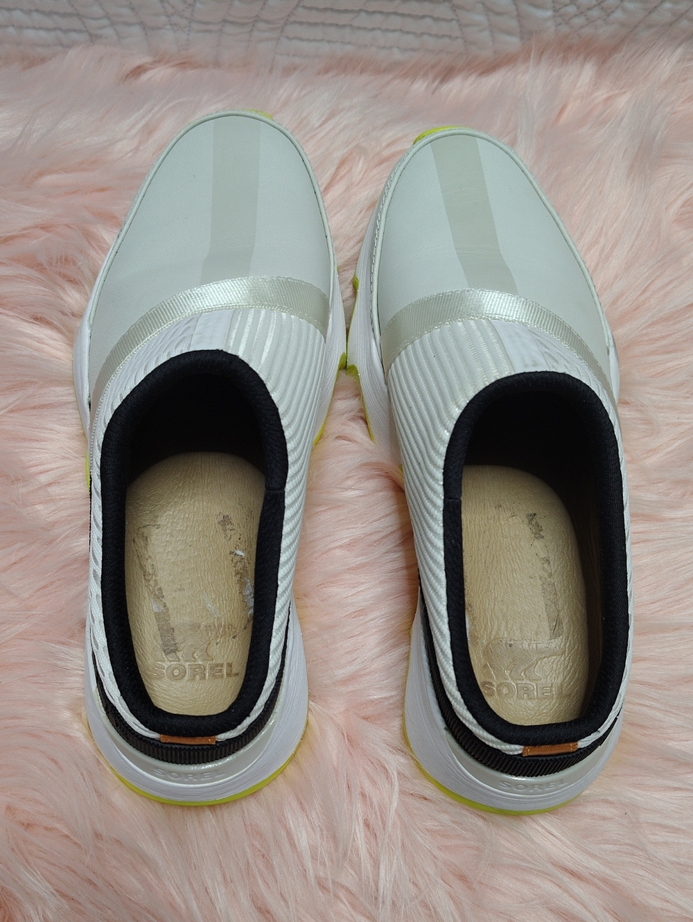 Sorel Women's White Slip-On Sneakers with Black Trim and Yellow Accents